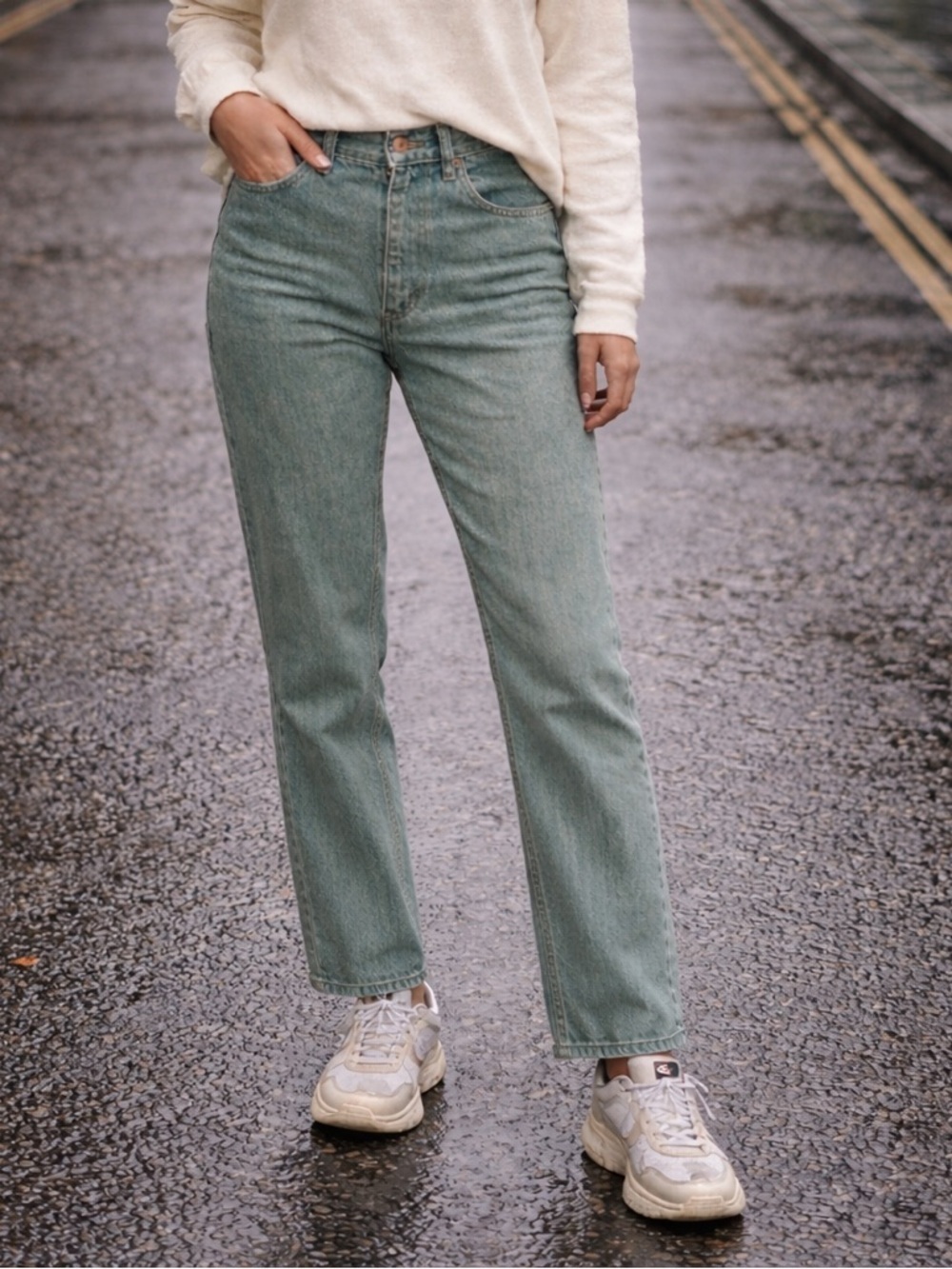 UNIQLO Green Wash Straight Leg Jeans High Rise 24x32 Vintage Style
